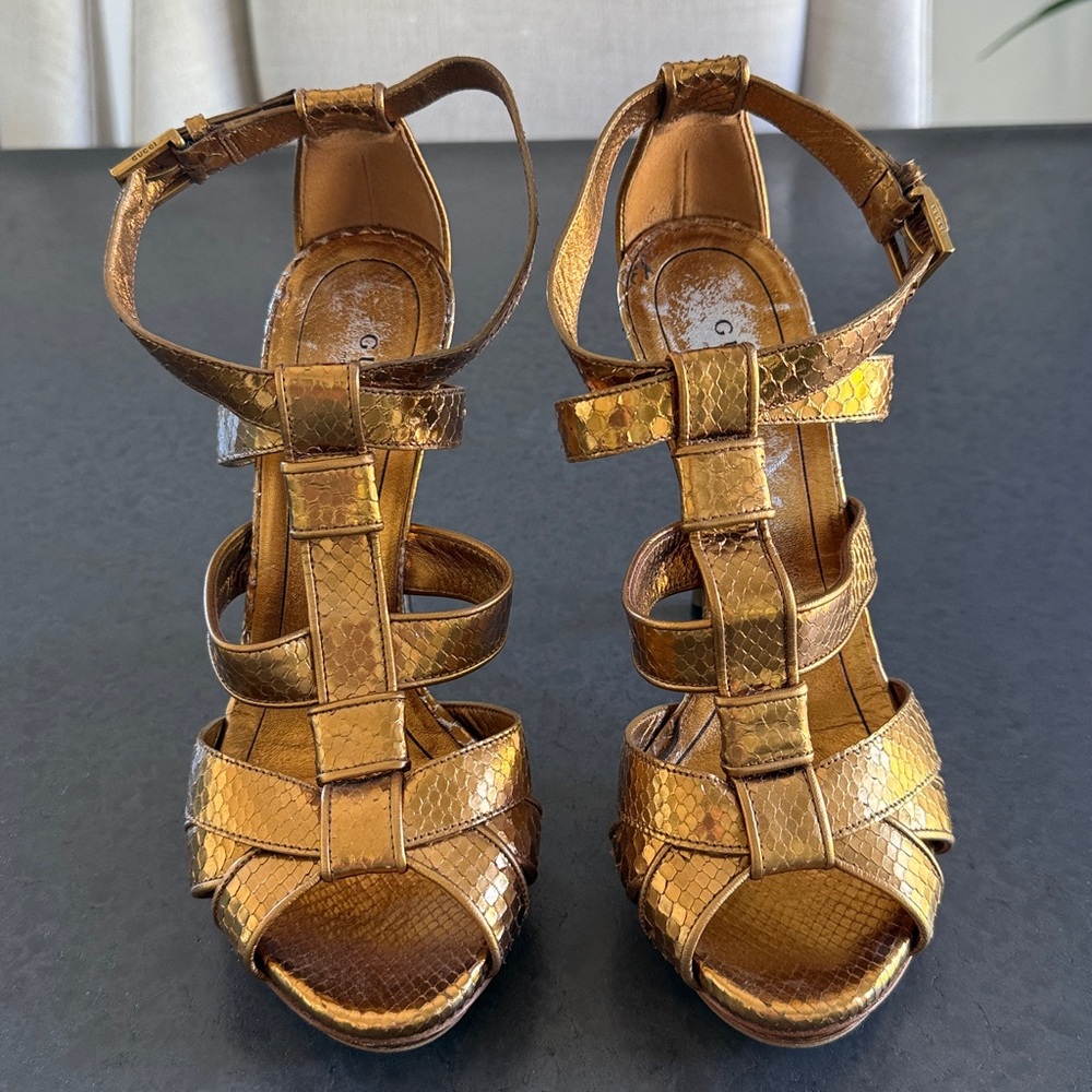 💯 AUTH GUCCI Animal Snake Leather Metallic Gold Bronze Sandals Heels Size 37.5 - Picture 2 of 10